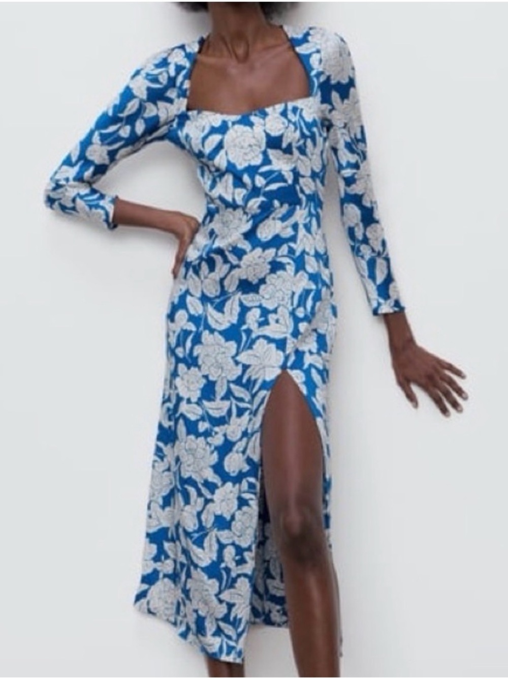 Zara Blue and White Floral Square-Neck Midi Dress with Side Slit NWT